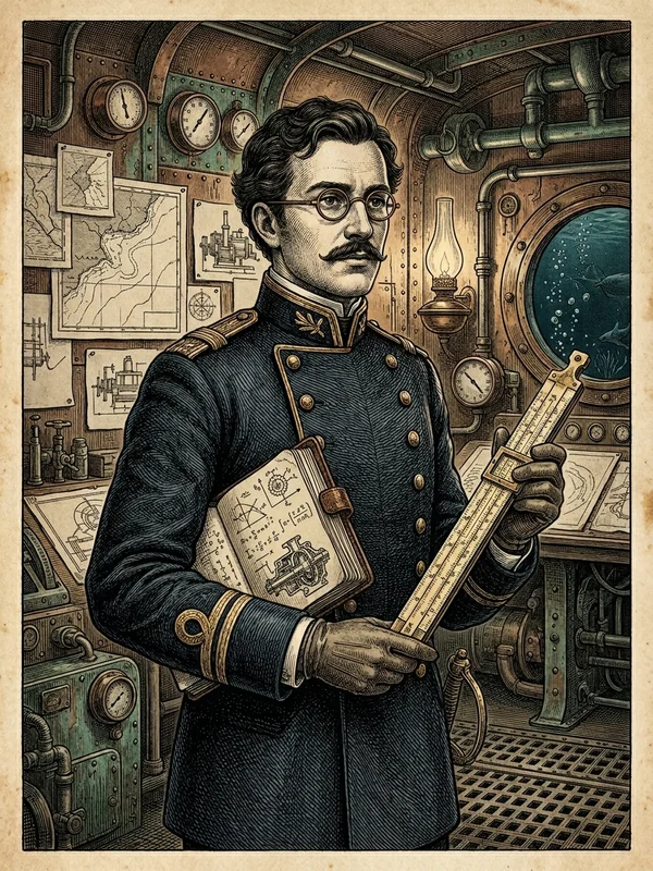 Lieutenant Pascal Morel, ingénieur hydrographe de la Marine, uniforme bleu à passements d'or, lunettes cerclées d'acier, carnet de relevés à la main, compas de marine, longue-vue pliée à la ceinture