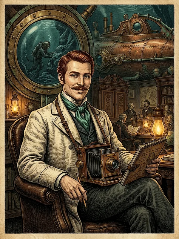 Camille Delange, reporter illustrateur du Magasin pittoresque, redingote brune ouverte, gilet à motifs, carnet à dessin et boîte d'aquarelles en bandoulière, chambre photographique pliante en bois, monocle