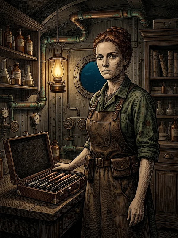 Docteure Hortense Vauquois, biologiste naturaliste, robe sombre boutonnée jusqu'au col, blouse de laboratoire pliée sous le bras, sacoche en cuir avec instruments, loupe à monture d'argent, cheveux tirés sous une coiffe simple