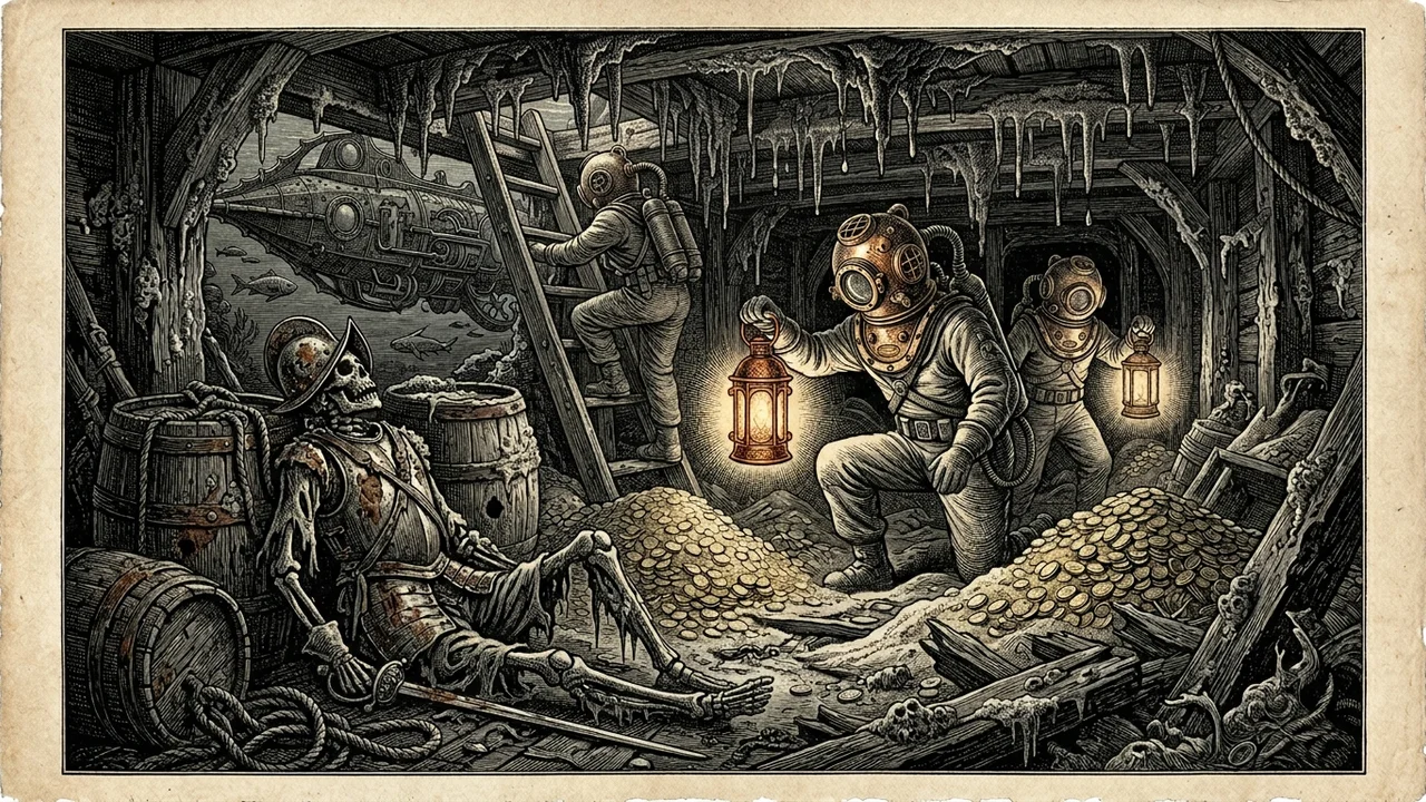 Galion espagnol La Reine d'Aragon coulé en 1602 sur le banc de Sotavento aux Açores, coffres forcés sans navire de surface visible, hublot d'observation et silhouette du Nautilus passant au loin sous la cloche, premier scénario du module