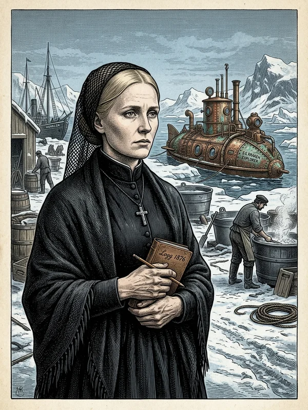 Inga Halvorsen trente-huit ans, veuve d'un chef de station baleinière norvégien, cheveux blonds tirés en chignon strict, vareuse de laine huilée, regard bleu pâle clair et droit, main posée sur la crosse d'un fusil de chasse, fond de maison en bois rouge enneigée, lumière polaire douce, posture digne et résolue