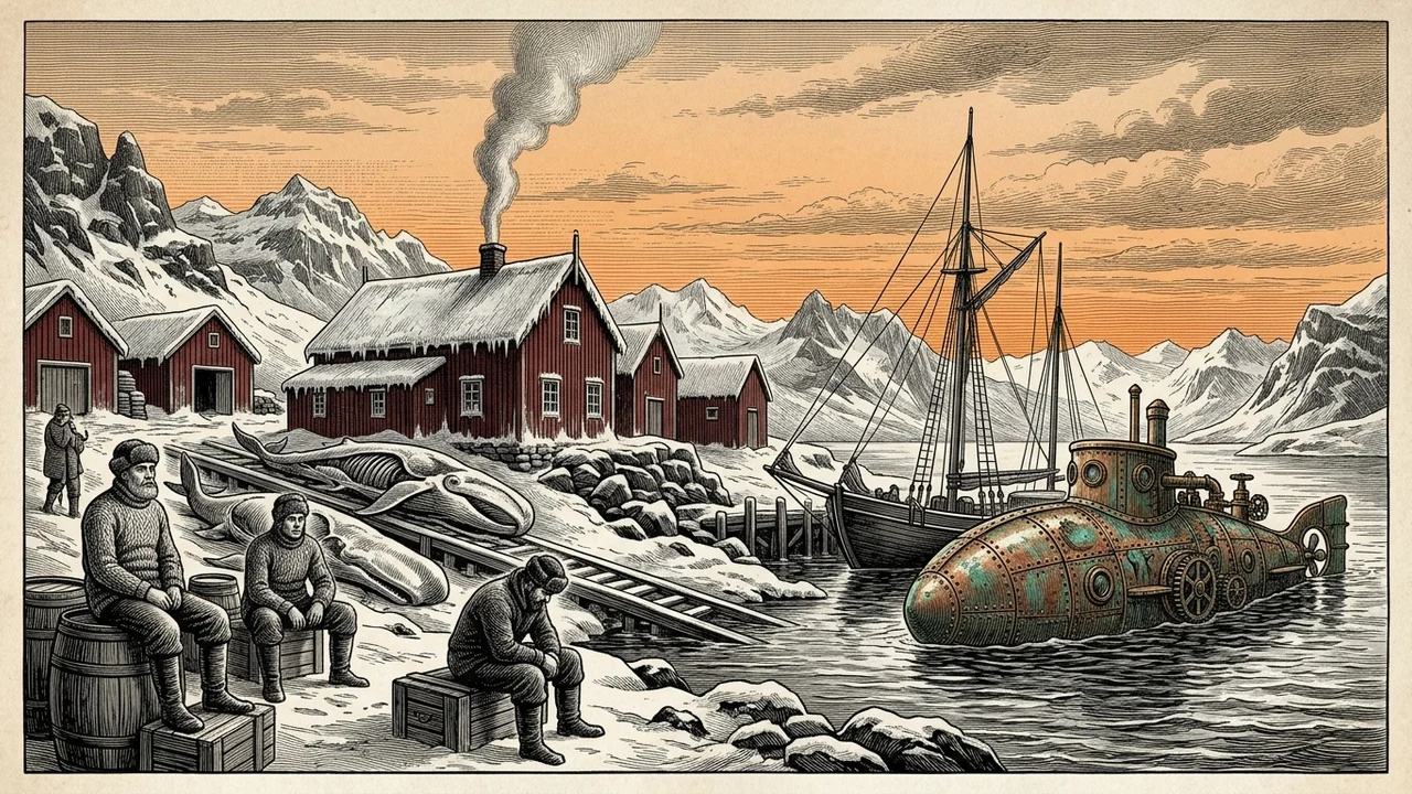 Station baleinière du Spitzberg en hiver, ciel de pâle aurore, bâtiments de bois rouge couverts de givre, deux cuves de fer rouillé encore debout, une cuve éclatée sur le sol, l'épave d'un baleinier à demi sortie de l'eau près du quai, deux promontoires rocheux qui ferment la baie, fumée fine d'une cheminée qui monte droite, atmosphère silencieuse glaciale, gravure verniste style Riou