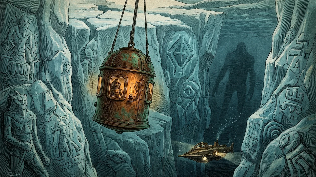 Descente sous la banquise en cloche de plongée cuivrée, parois de glace bleutées sculptées par les courants, lueur ambrée de la lampe à huile à l'intérieur, ombre immense d'une silhouette de sous-marin de quarante mètres qui passe au loin dans la pénombre verte, hublots jaunes éclairés visibles, atmosphère d'observation silencieuse, gravure verniste style Riou