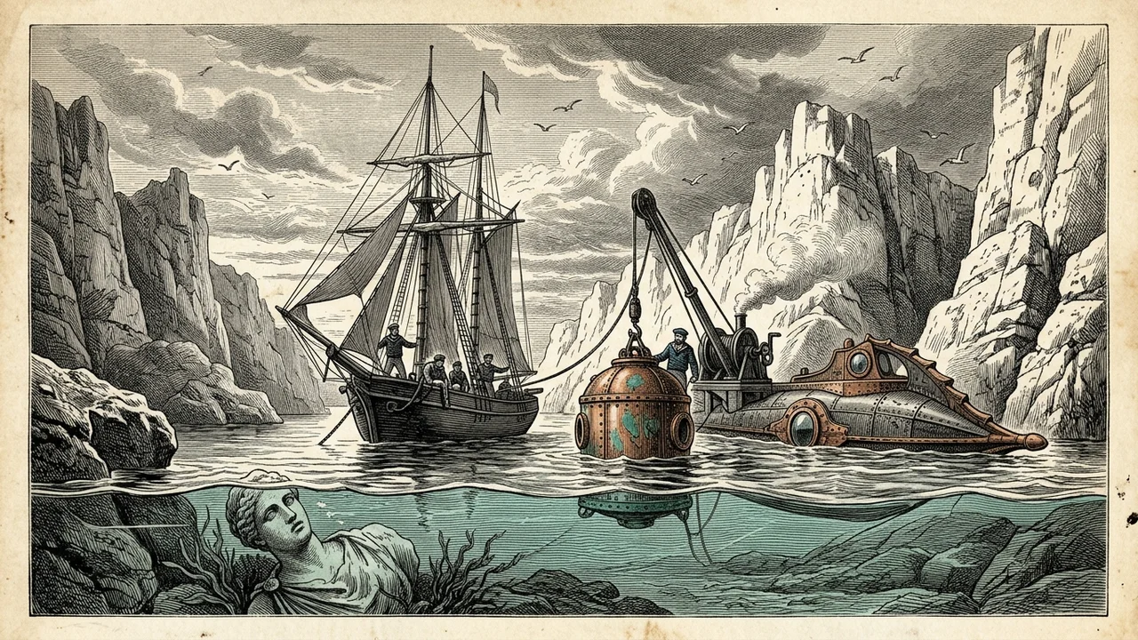 Station baleinière norvégienne d'Atlantis Bay sur la côte ouest du Spitzberg, cuves d'huile de baleine éventrées, brick américain Galveston en pavillon panaméen ancré dans le fjord, ombre sous-marine de quarante mètres, second scénario