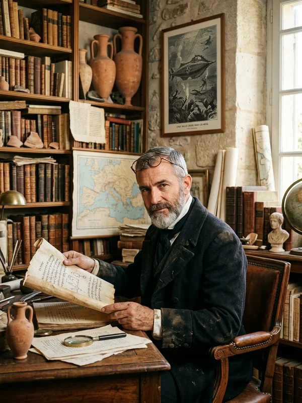Professeur Étienne Roussel soixante-quatre ans, redingote tabac, lunettes cerclées de cuivre, cheveux blancs courts, barbe taillée, mains tachées d'encre, posture voûtée, regard pétillant d'érudit, fond de cabinet universitaire avec étagères chargées d'amphores et plans grecs au mur, lumière de fin d'après-midi marseillaise