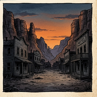 Un cow-boy s'approchant d'une ville poussiéreuse de l'Ouest