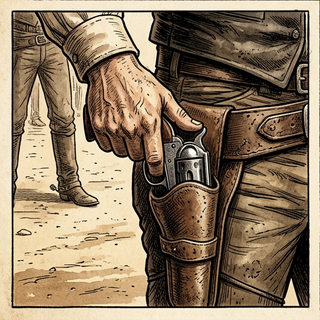 Gros plan sur la main d'un as de la gâchette prête à dégainer son revolver