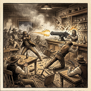 Une fusillade intense dans les rues d'une ville de l'Ouest caché derrière des tonneaux