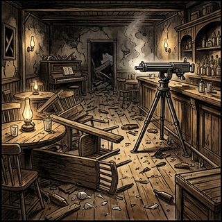 Intérieur animé d'un saloon typique de l'Ouest avec des joueurs et des serveuses