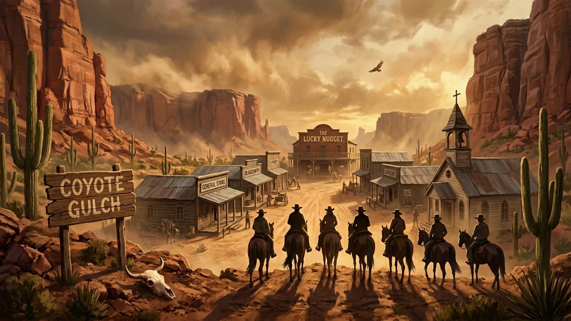 Six cavaliers en silhouette à contre-jour observent depuis une crête rocheuse rouge la bourgade fantôme de Coyote Gulch en Arizona, fin d'après-midi 1876