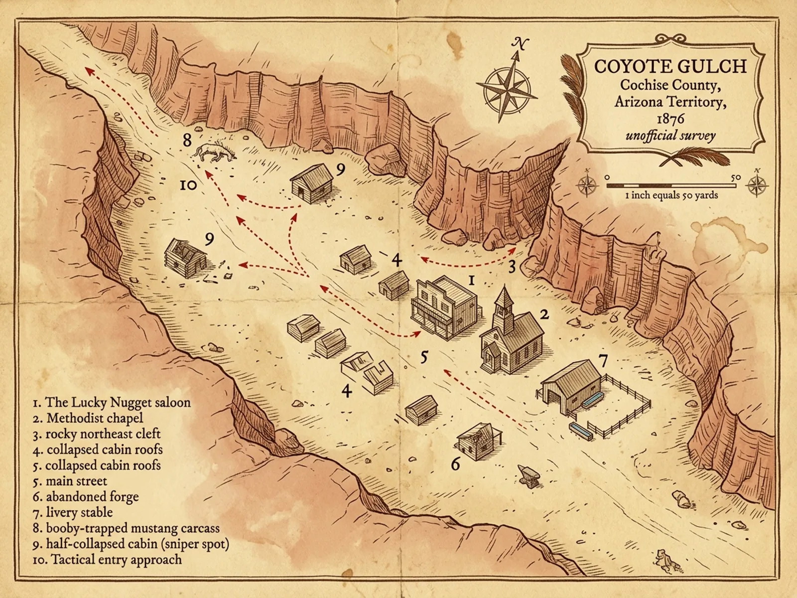 Carte tactique de Coyote Gulch vue de dessus, style relevé d'arpenteur 1876, saloon Lucky Nugget au fond avec position de la Gatling, chapelle méthodiste à droite avec Snake au clocher, faille rocheuse nord-est, carcasse de mustang piégée à l'entrée nord