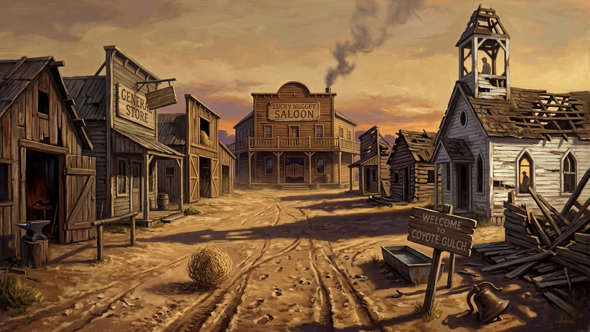 Vue frontale de la rue principale de Coyote Gulch, cabanes en bois aux façades effondrées, saloon Lucky Nugget au fond, chapelle méthodiste au clocher en ruine