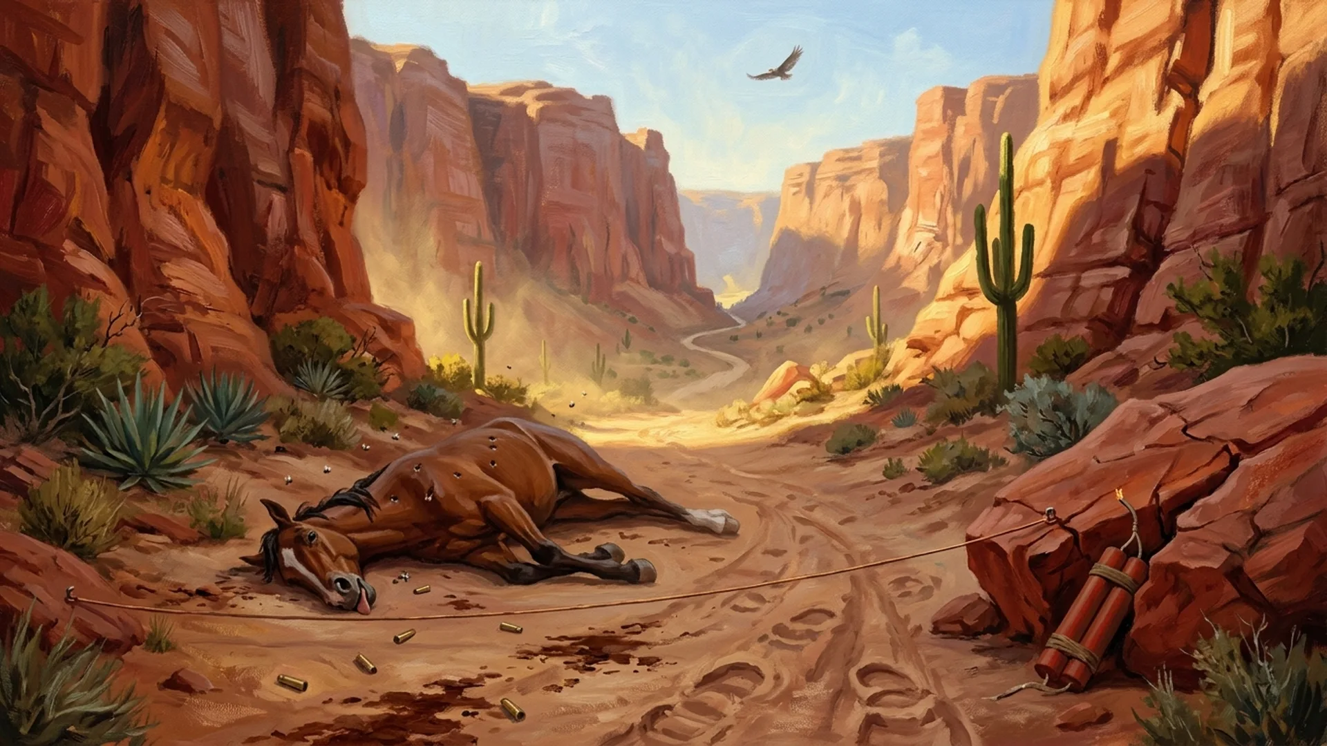 Carcasse de mustang criblé de balles dans un couloir rocheux d'Arizona, fil de cuivre tendu vers une charge de dynamite cachée derrière un rocher rouge