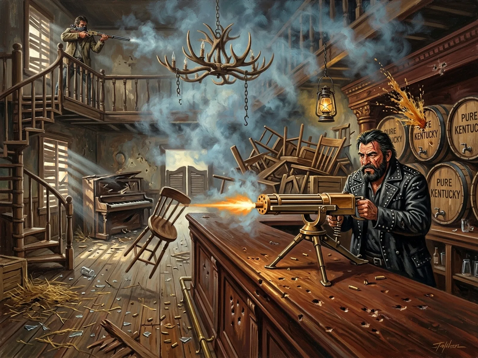 Intérieur du saloon Lucky Nugget en plein affrontement, comptoir d'acajou balafré d'impacts, Black Jack Moreno derrière la barricade actionnant la Gatling M1865, fumée bleue de poudre