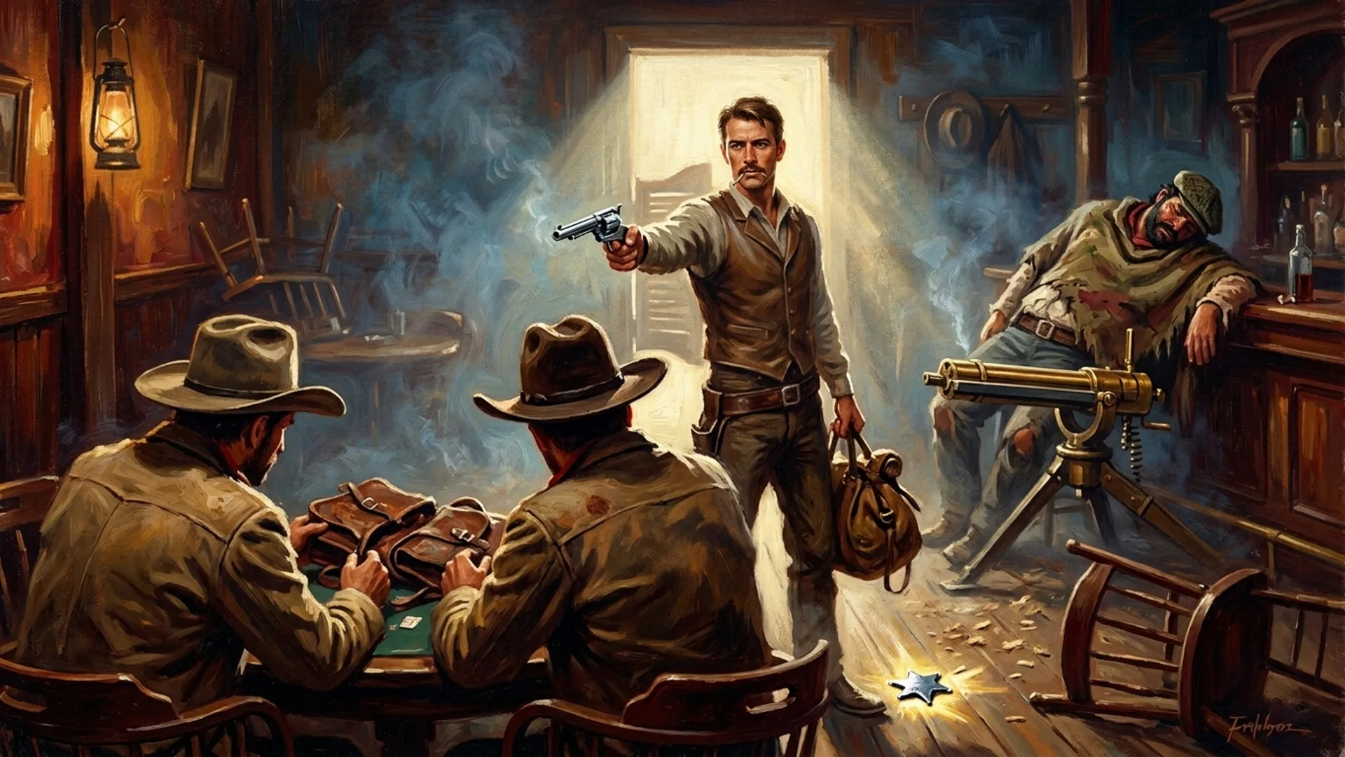 Briggs en pleine lumière au centre du saloon, Colt Frontier dégainé pointé vers les PJ de dos, son étoile de shérif tombée brille au sol à ses pieds, fumée bleue stagnante