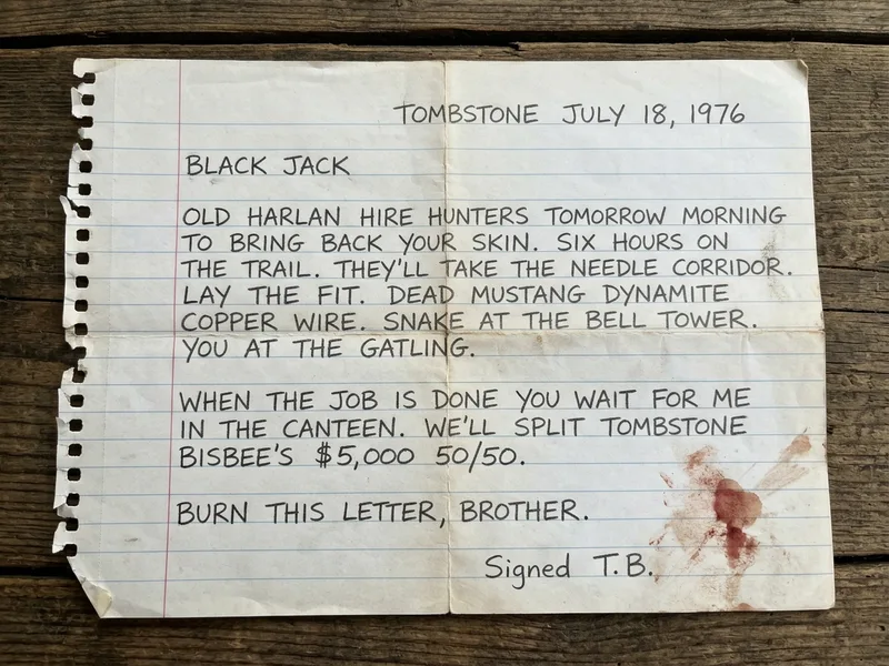 Demi-feuille de papier ligné arrachée d'un carnet, écriture au crayon, tache de sang séché, message codé signé T.B. à Black Jack pour un partage 50/50 sur la prime de Tombstone-Bisbee
