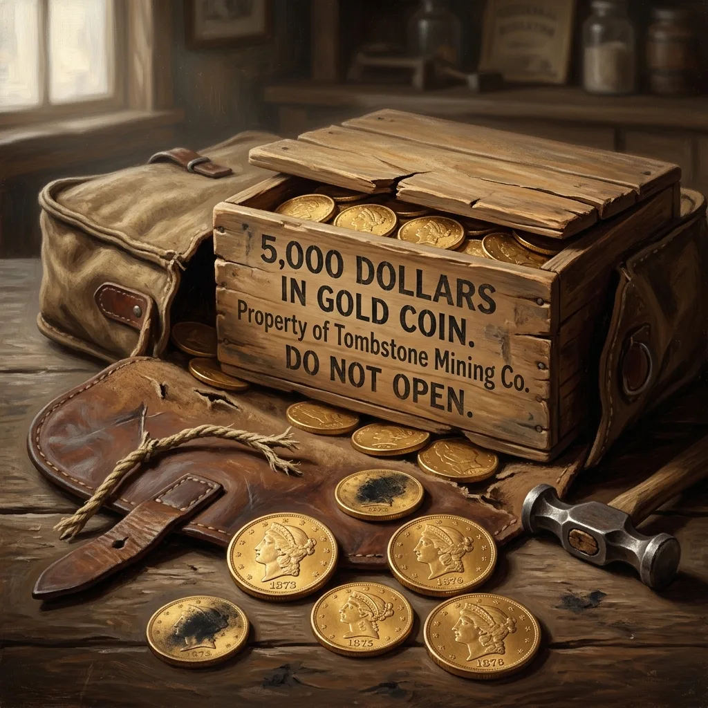 Sacoche en cuir patiné gravée Tombstone-Bisbee Stage Line 1876 ouverte sur des pièces d'or Double Eagle de vingt dollars étalées sur toile de jute