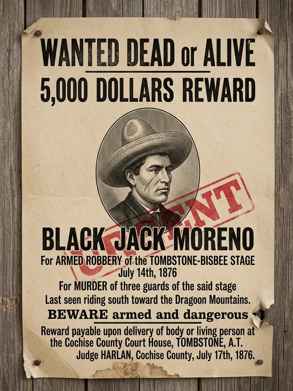 Affiche WANTED DEAD or ALIVE imprimée sur papier kraft, médaillon gravé de Black Jack Moreno avec sa cicatrice diagonale, prime de cinq mille dollars, signature du juge Harlan