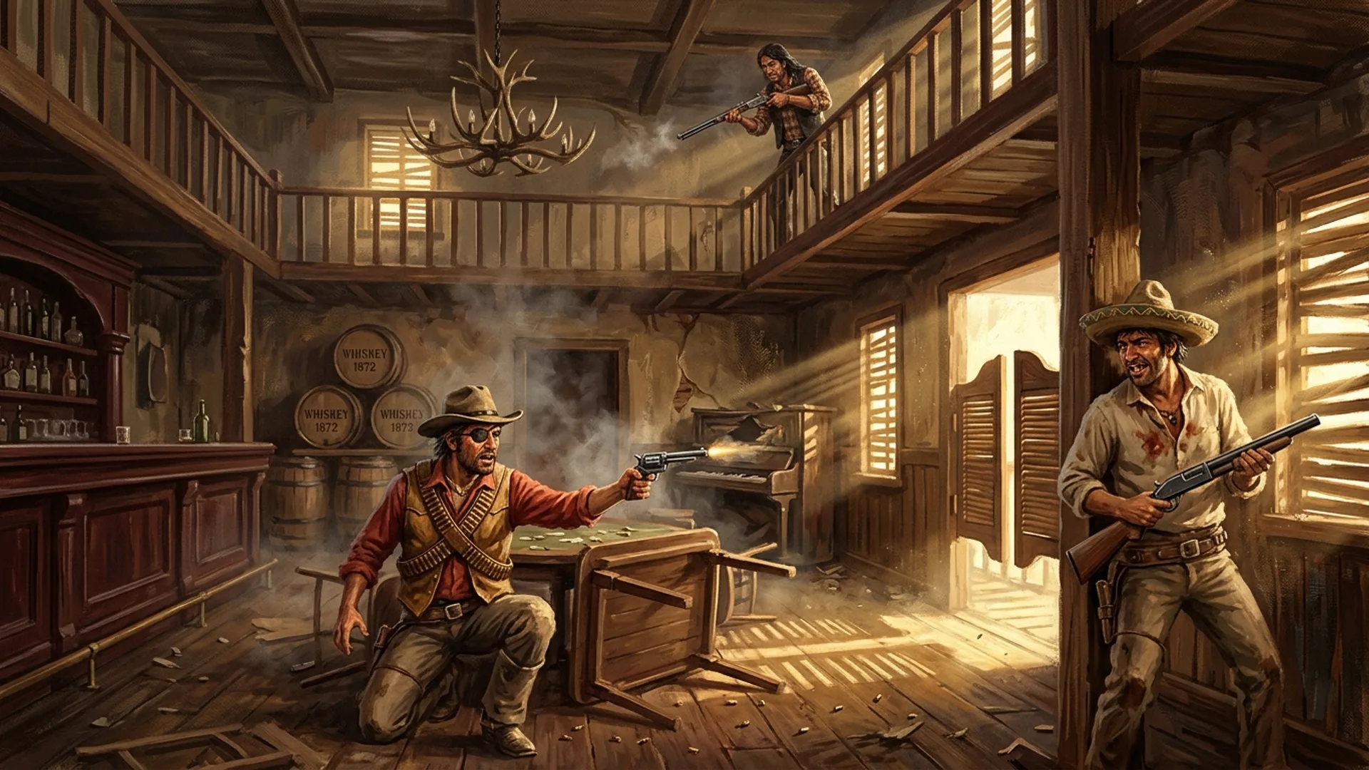 Trois bandits en formation dans la salle du saloon, l'un accroupi derrière une table renversée, un autre épaulant un Winchester sur la coursive, le troisième tapi près de la porte fusil à canon scié