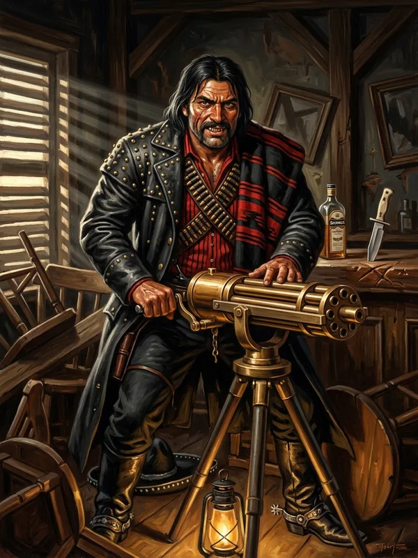 Black Jack Moreno, métis quarante ans, longue cicatrice diagonale sur la joue droite, manteau en cuir noir clouté, manivellant sa Gatling M1865 derrière la barricade du saloon