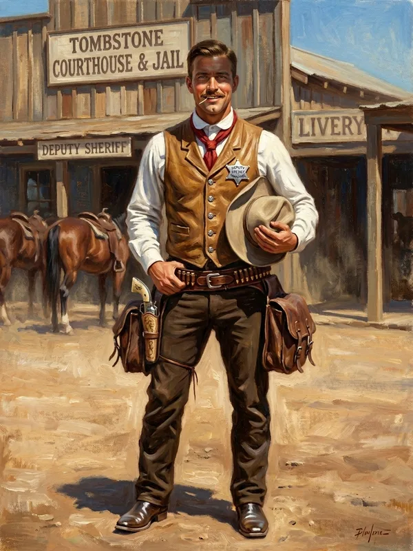 Portrait de Tom Briggs, shérif adjoint trente ans, étoile à six pointes brillante sur le gilet en cuir, allumette mâchonnée, sourire confiant