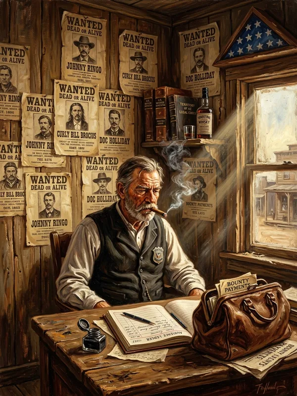 Portrait du juge Harlan, soixante-cinq ans, gilet à plastron, cigare allumé, cicatrice à la lèvre, dans son bureau de Tombstone