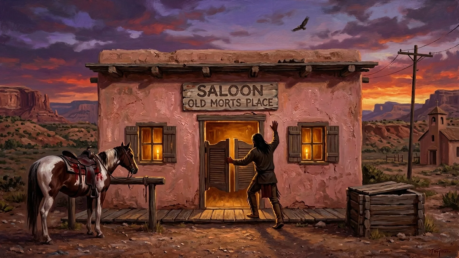 Saloon en adobe ocre rosé de Pueblo Quemado au crépuscule violet et orange, Jaguar-Pâle en silhouette pousse la porte battante bras gauche levé en signe d'asile, Rio Grande scintillant au lointain