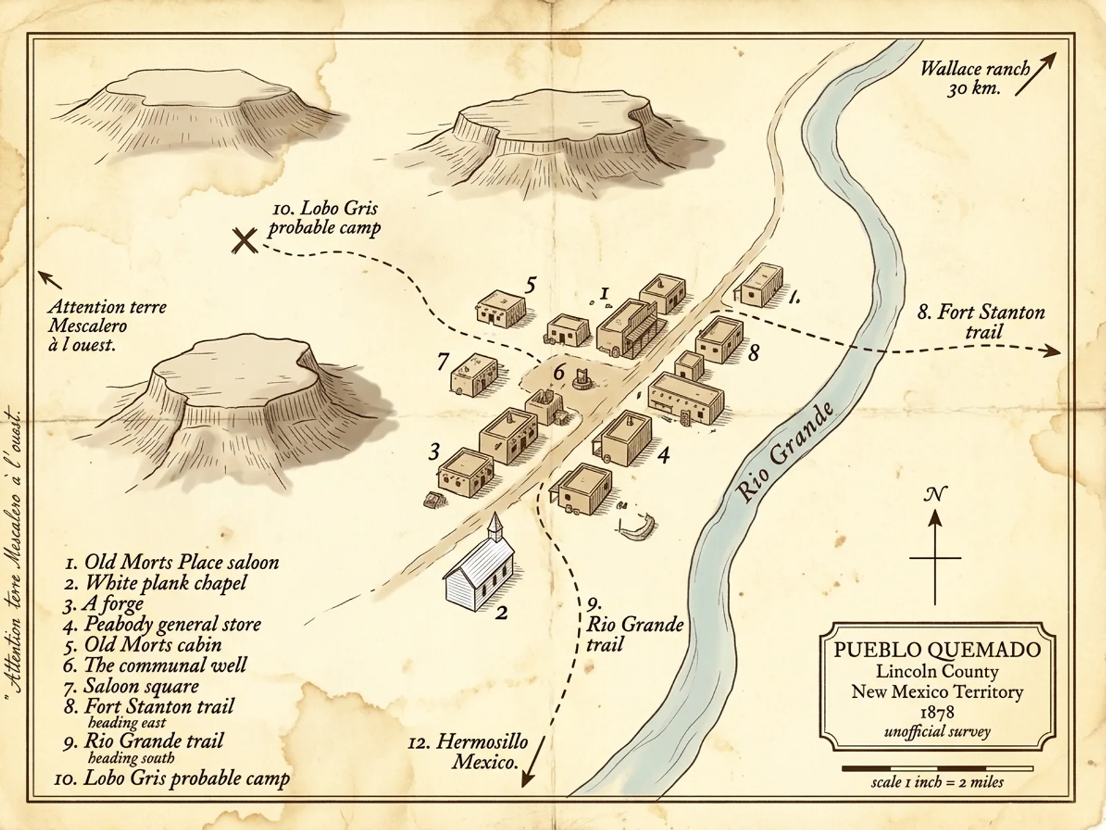 Carte tactique de Pueblo Quemado et ses environs, vue plongeante style relevé d'arpenteur 1878, saloon Old Mort's Place, église, Rio Grande à l'est, piste de Fort Stanton, ranch Wallace au nord-est