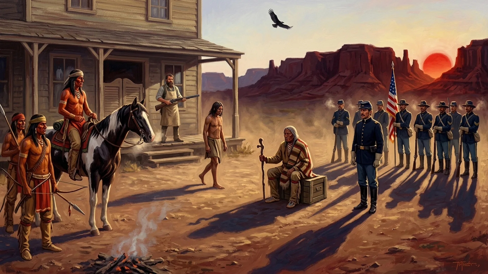 Place de Pueblo Quemado à l'aube rouge sang, trois forces convergent : Lobo-Gris et ses guerriers à gauche, Vieux Chef Cabello assis au centre, Lieutenant Hayes et ses huit cavaliers à droite, Jaguar-Pâle pieds nus dans la poussière