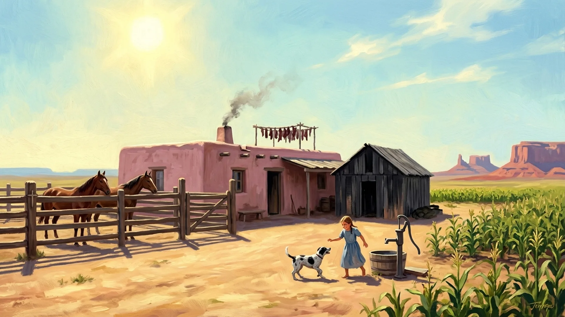 Ranch isolé de la famille Wallace, maison basse en adobe rosé, fillette de sept ans qui joue avec un chien tacheté noir et blanc près du puits, champs de maïs verts, mesas rouges au lointain