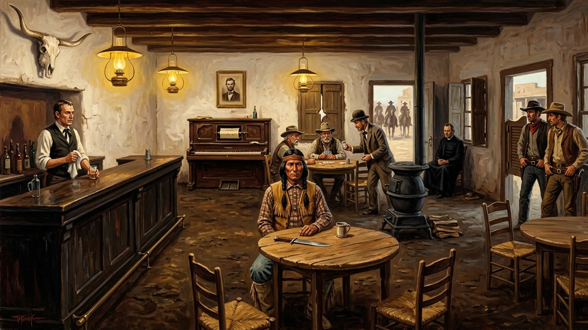 Intérieur du saloon Old Mort's Place, mur en adobe blanc passé, piano droit poussiéreux au fond, lampes à pétrole jaune-orangées, Jaguar-Pâle assis seul à la table centrale, clients dispersés autour