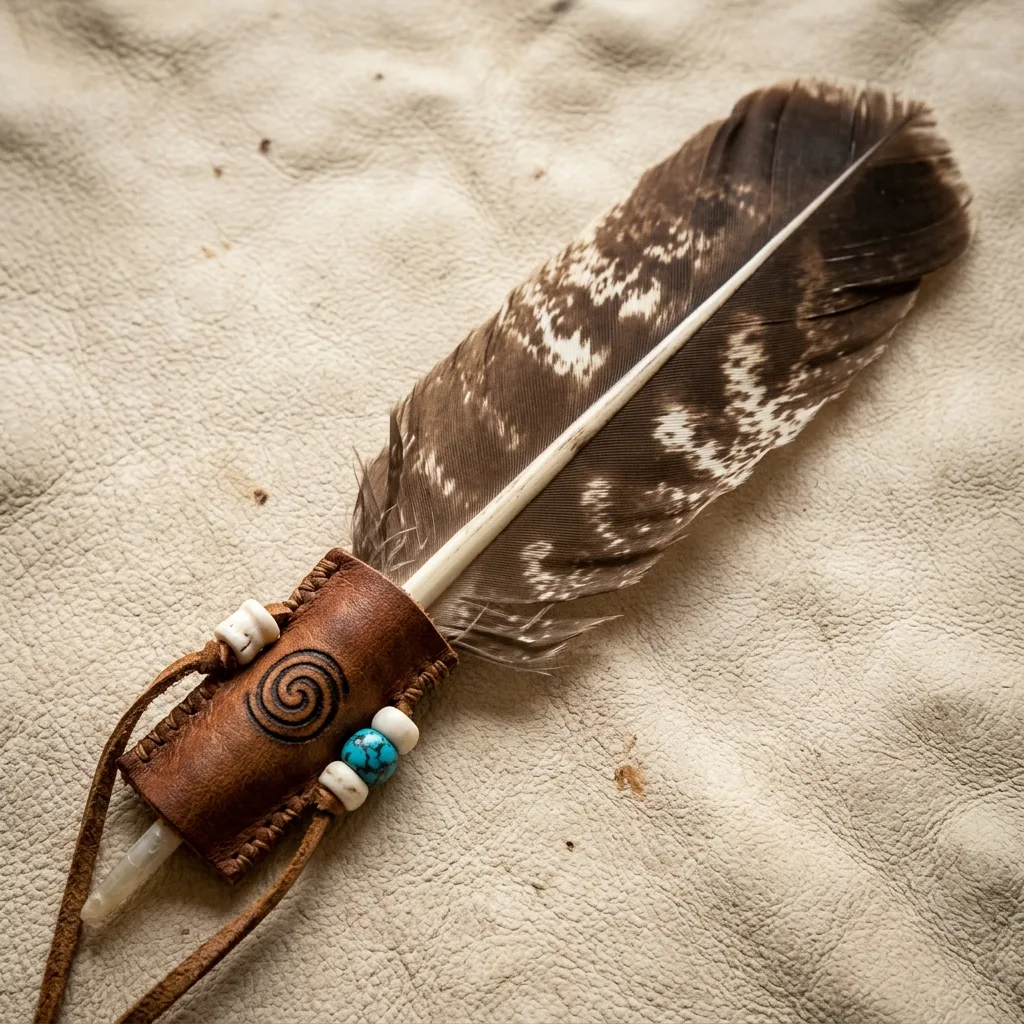 Plume de queue d'aigle royal brun chocolat mouchetée de blanc, manchon en cuir cousu fin avec deux perles d'os blanc et une perle de turquoise bleue, spirale Mescalero gravée au feu