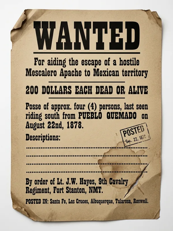 Affiche WANTED placardée à Santa Fe et Las Cruces, prime de deux cents dollars par tête pour avoir aidé l'évasion d'un Mescalero hostile vers le territoire mexicain, descriptions vides à compléter