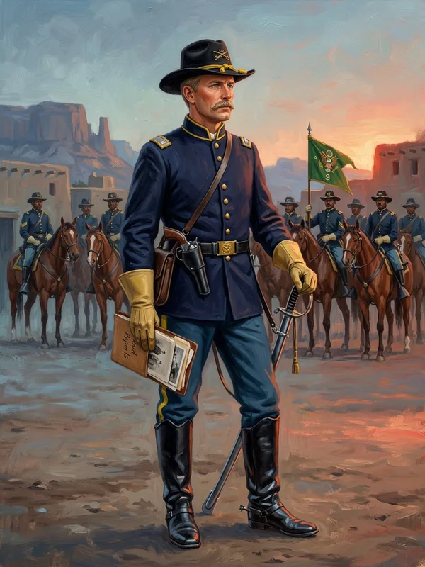 Lieutenant Hayes, officier de la 9th Cavalry trente-cinq ans, uniforme bleu indigo à parements jaunes, épaulettes argent, slouch hat noir à monogramme US, dossier en cuir ouvert à la main