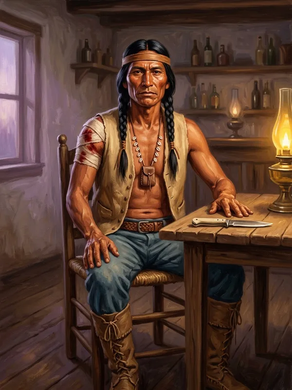 Portrait de Jaguar-Pâle, guerrier mescalero trente-deux ans, deux nattes sobres, bandeau de cuir, plaie sanglante à l'épaule droite, mains à plat sur la table en signe de paix