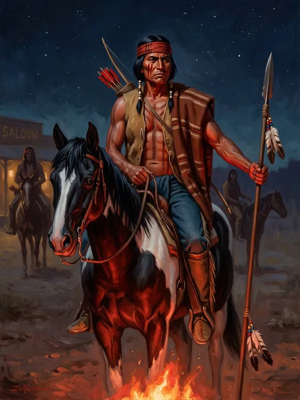 Lobo-Gris, guerrier mescalero trente-huit ans, peinture de guerre rouge ocre sous l'œil gauche, monté sur son pinto à crinière noire devant un feu de petit bois rougeoyant la nuit
