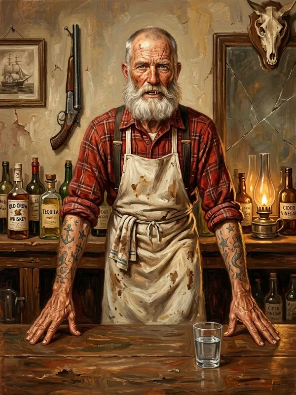 Old Mort Hannigan, patron irlandais soixante-cinq ans, tablier blanc taché, chemise rouge à carreaux, cicatrice de couteau au front, mains à plat sur le comptoir en bois usé