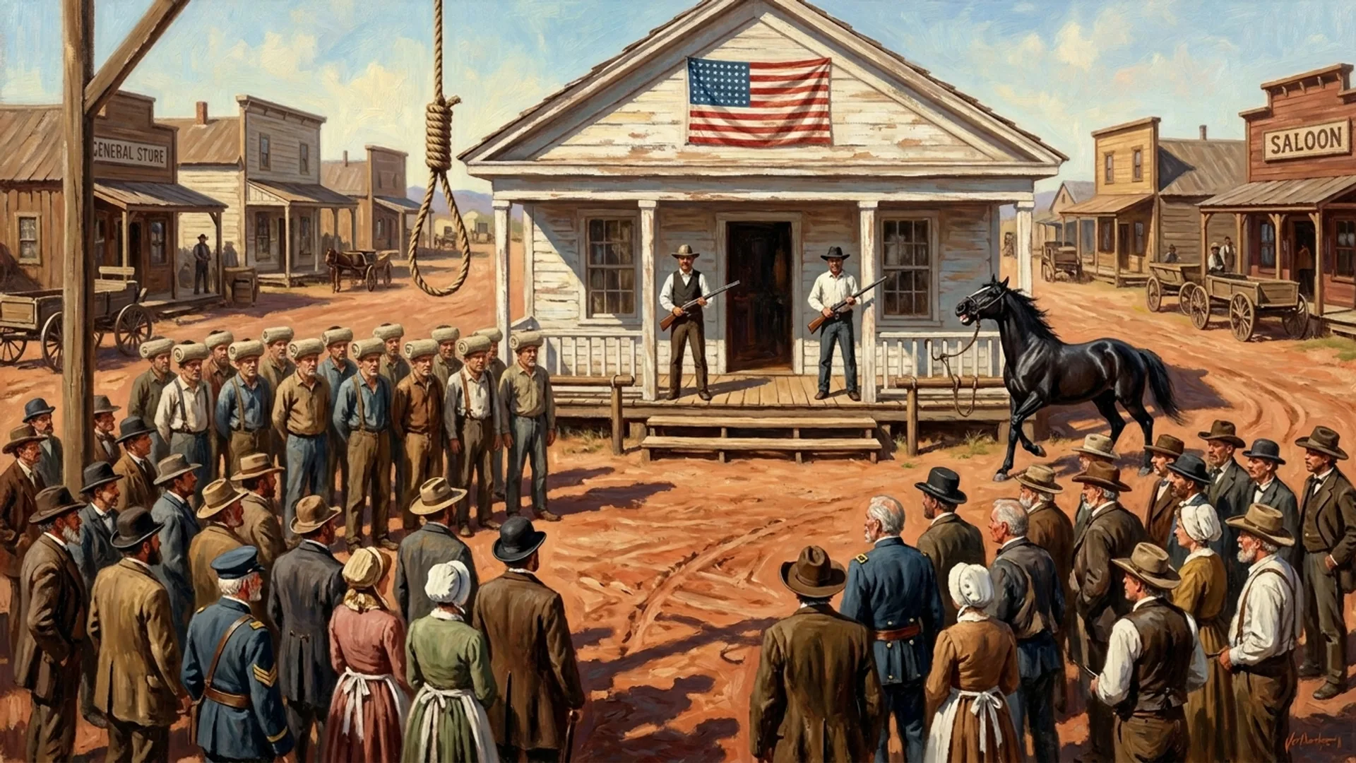 Foule silencieuse devant le palais de justice de Cheyenne Bend en été 1879, perron à quatre marches, bannière étoilée à trente-huit étoiles, corde neuve nouée en nœud coulant sur un piquet, cagoules en toile en attente