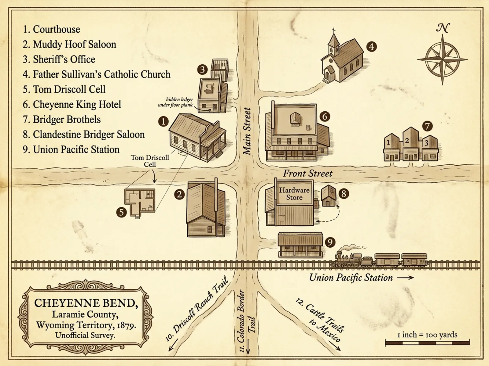 Carte tactique de Cheyenne Bend Wyoming 1879, vue plongeante style relevé d'arpenteur, palais de justice, saloon The Muddy Hoof, bureau du shérif, église catholique du Père Sullivan, gare Union Pacific, piste vers le ranch Driscoll, sentiers de bétail vers le Mexique