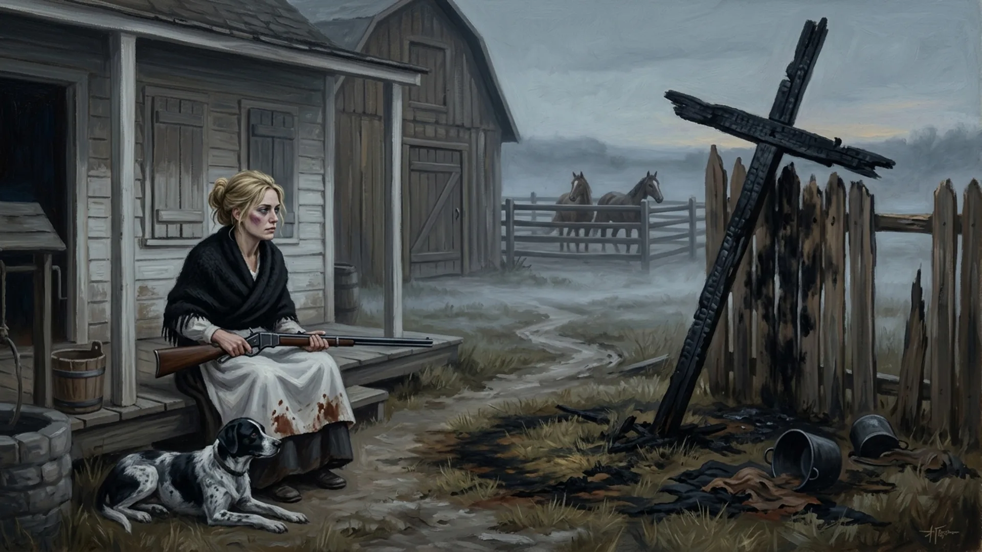 Ranch Driscoll au lever du jour après l'attaque nocturne, restes carbonisés d'une grande croix en bois sur la palissade, Ruby seule sur le perron avec son fusil Sharps Buffalo en travers des genoux, chien tacheté à ses pieds