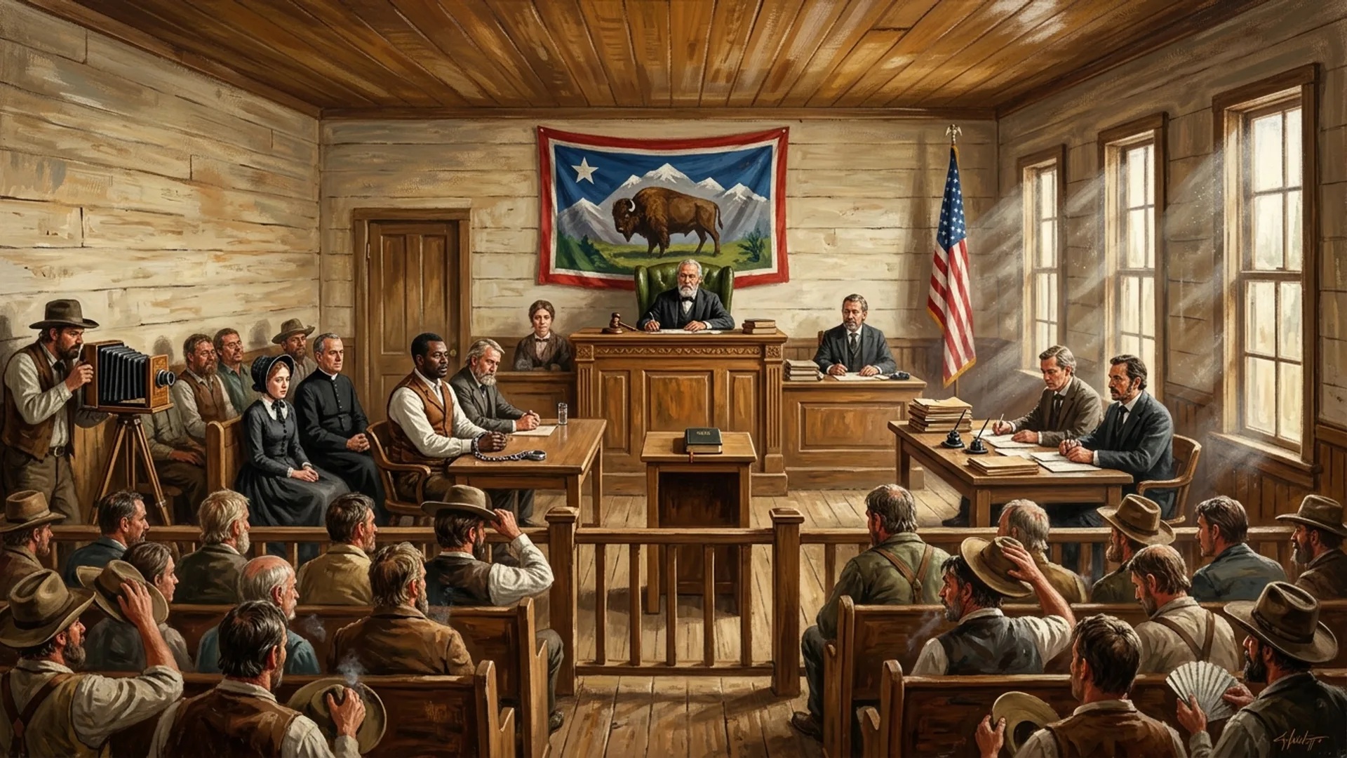 Salle d'audience du tribunal de Cheyenne Bend vue depuis le fond, plafond bas en bois, estrade du juge avec fauteuil cuir vert, drapeau du Territoire du Wyoming et drapeau US à trente-huit étoiles, public serré sur des bancs en pin, photographe de Denver à appareil à soufflet en arrière-plan