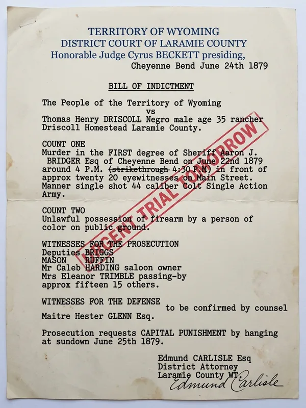 Document officiel imprimé par le tribunal du Wyoming Territory, papier filigrané, en-tête bleu Honorable Judge Cyrus Beckett presiding, deux chefs d'inculpation contre Thomas Henry Driscoll, requête de peine capitale par pendaison, signature Edmund Carlisle