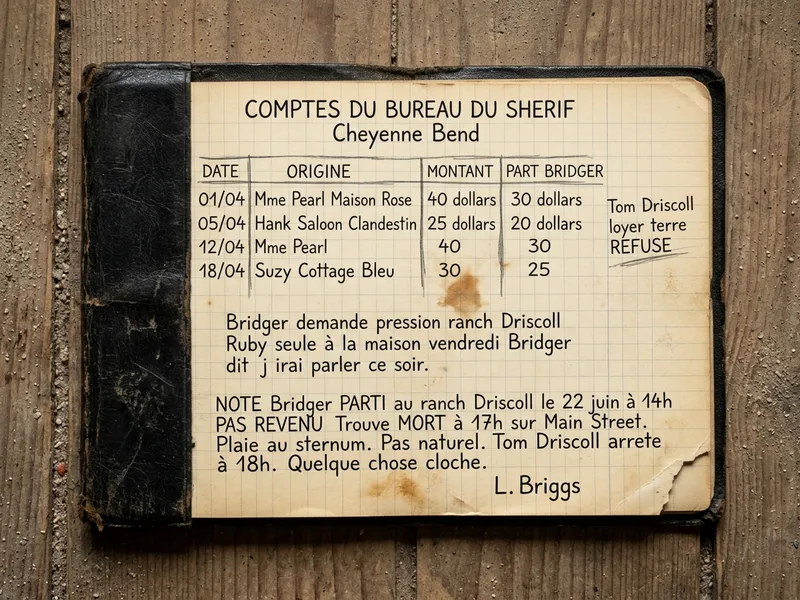 Carnet d'écolier à couverture de cuir noire fatiguée ouvert à plat, pages quadrillées, écriture au crayon de papier de Lemmy Briggs comptable, registre des pots-de-vin des bordels, mention Bridger PARTI au ranch Driscoll