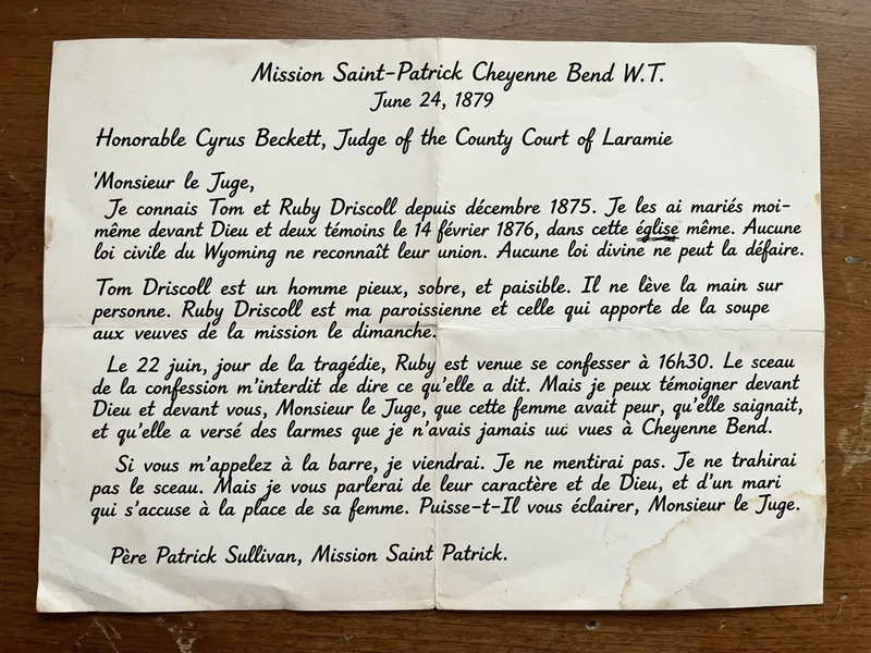 Feuille de papier à lettre en-tête manuscrit Mission Saint-Patrick Cheyenne Bend, encre noire à la plume écriture irlandaise penchée, témoignage de moralité sur Tom et Ruby Driscoll, allusion à la confession de Ruby qui saignait