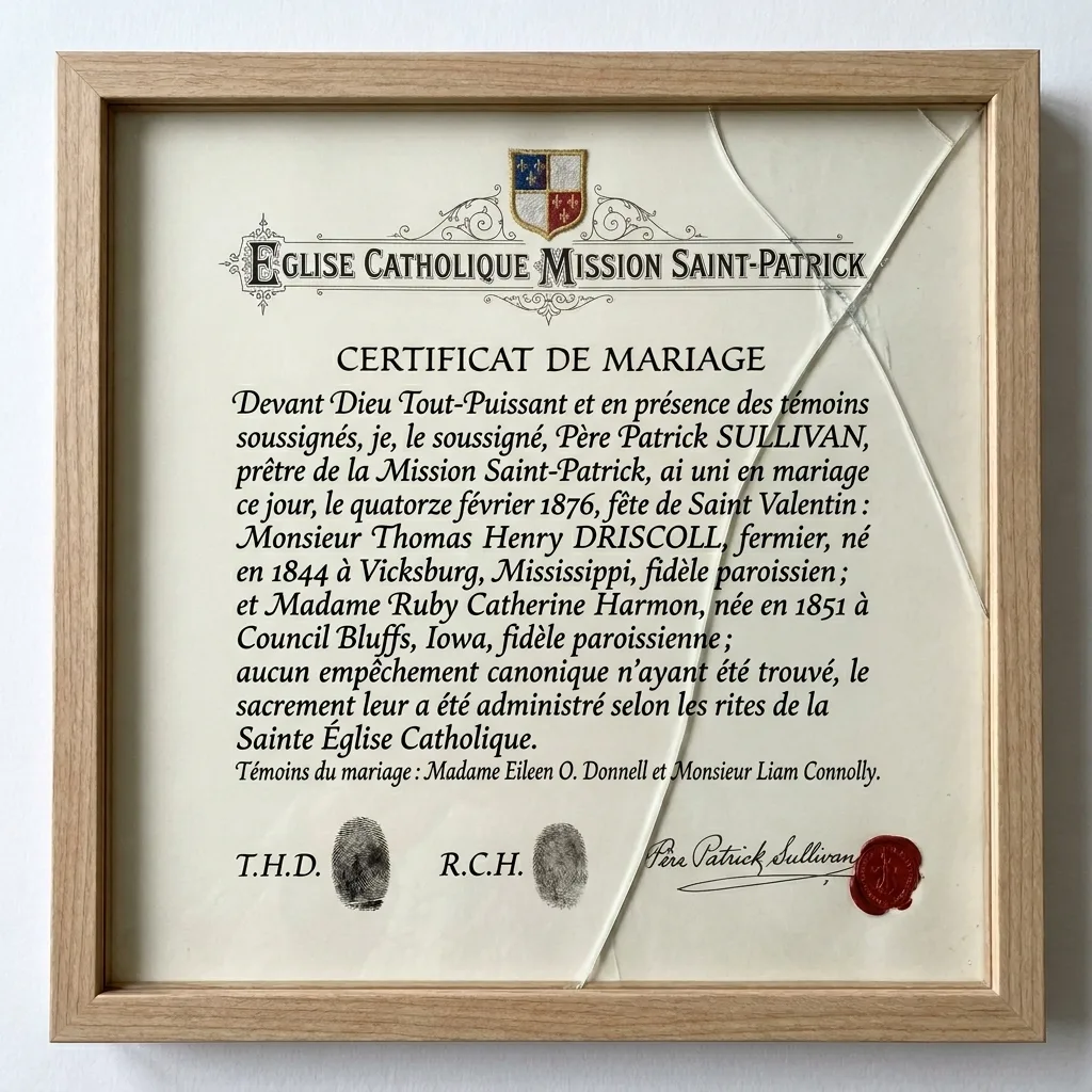 Certificat de mariage manuscrit sur papier vélin crème, cadre en bois clair sous verre fendu, en-tête orné Église catholique Mission Saint-Patrick, deux empreintes digitales des époux, sceau de cire rouge du Père Sullivan, daté 14 février 1876