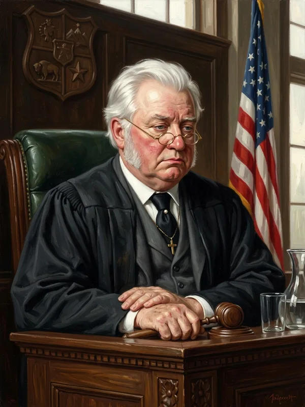 Juge Cyrus Beckett, cinquante-huit ans, robe de juge noire ouverte sur un costume gris, lunettes rondes en or sur le bout du nez, croix catholique discrète au cou, mains croisées sur le pupitre, maillet en bois de noyer abandonné