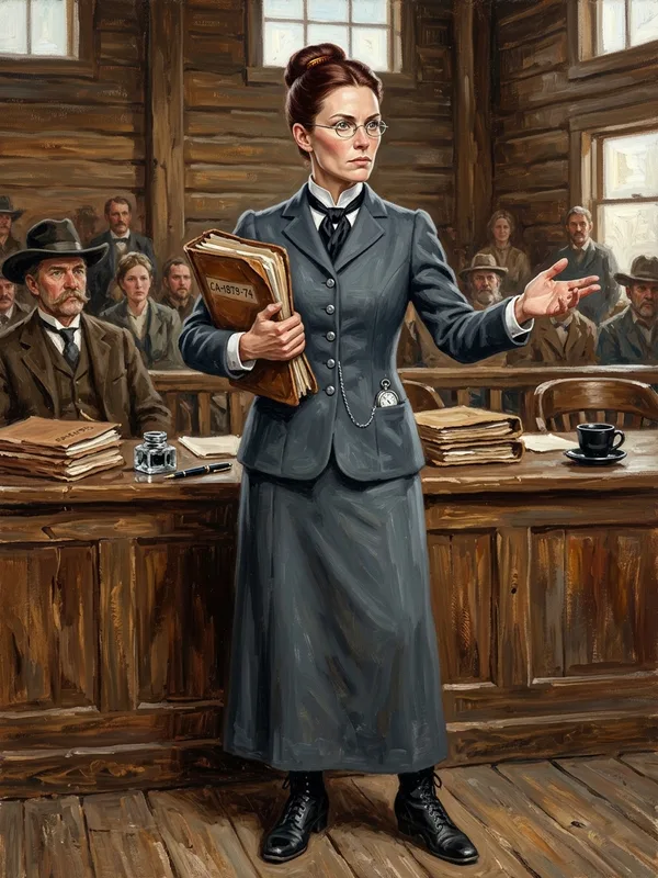 Maître Hester Glenn, première avocate du Wyoming trente-deux ans, tailleur gris anthracite strict, lunettes en métal fin, chignon strict acajou, dossier en cuir contre la poitrine, regard direct