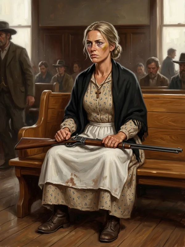 Ruby Driscoll, vingt-huit ans, cheveux blond cendré chignon bas, cernes bleutés profonds, bleu jaune verdâtre sur la pommette gauche, tablier blanc taché de sang séché à l'ourlet, fusil Sharps Buffalo en travers des genoux