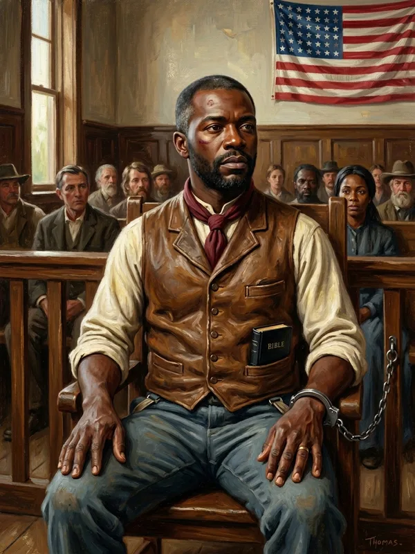 Tom Driscoll, éleveur afro-américain trente-cinq ans, gilet en cuir tanné brun usé, foulard rouge sombre, mains menottées posées calmement sur les genoux, dos droit, regard fixé droit devant, petite Bible en cuir noir dans la poche poitrine